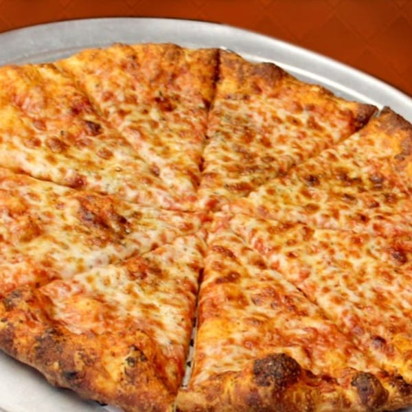 A whole Amelio's Pizza and More cheese pizza, cut into eight slices, on a metal pan.